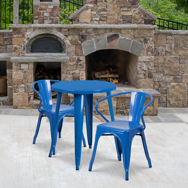 Commercial Grade 24 Round Blue Metal Indoor-Outdoor Table Set With 2 Arm Chairs