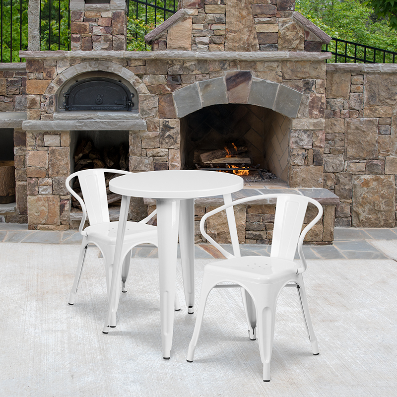 Commercial Grade 24 Round White Metal Indoor-Outdoor Table Set With 2 Arm Chairs