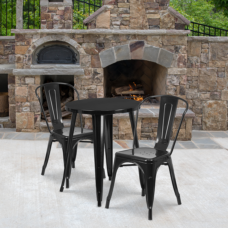 Commercial Grade 24 Round Black Metal Indoor-Outdoor Table Set With 2 Cafe Chairs