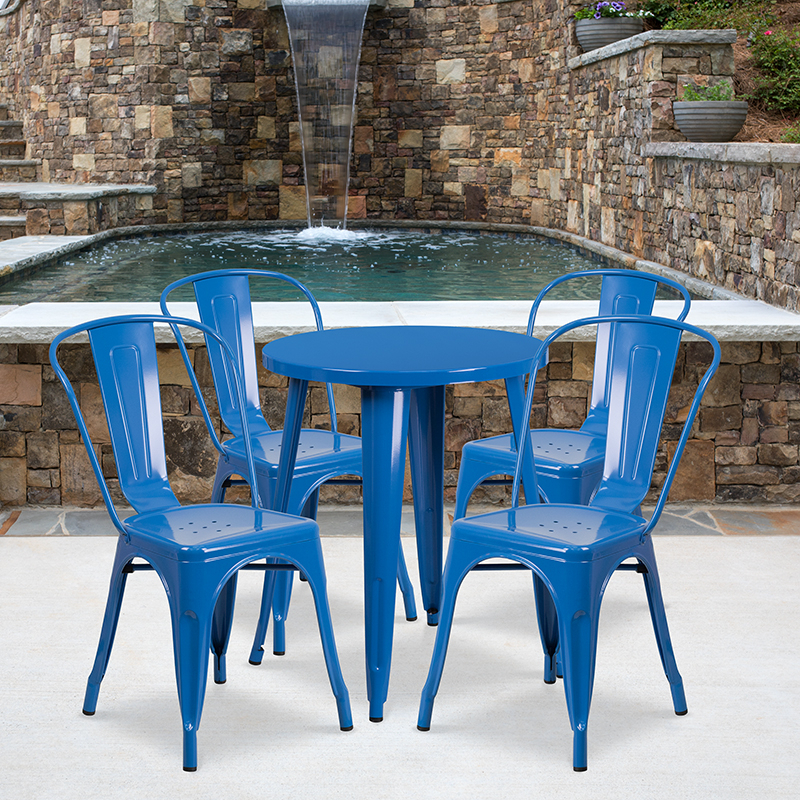 Commercial Grade 24 Round Blue Metal Indoor-Outdoor Table Set With 4 Cafe Chairs