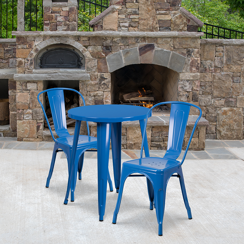 Commercial Grade 24 Round Blue Metal Indoor-Outdoor Table Set With 2 Cafe Chairs