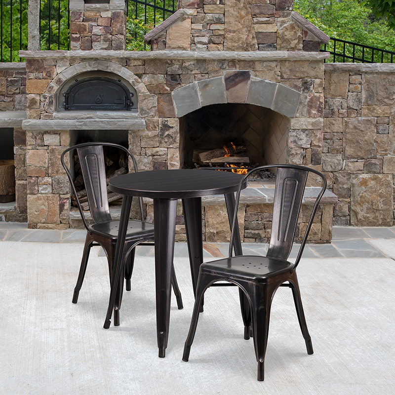 Commercial Grade 24 Round Black-Antique Gold Metal Indoor-Outdoor Table Set With 2 Cafe Chairs