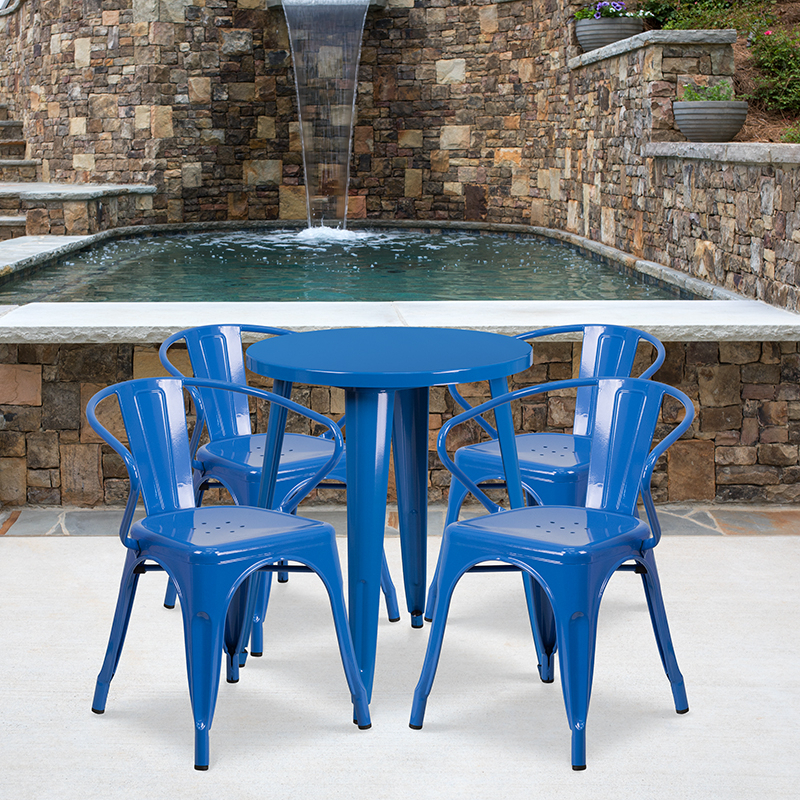 Commercial Grade 24 Round Blue Metal Indoor-Outdoor Table Set With 4 Arm Chairs