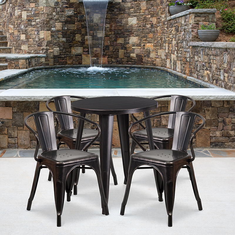 Commercial Grade 24 Round Black-Antique Gold Metal Indoor-Outdoor Table Set With 4 Arm Chairs