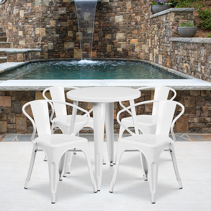 Commercial Grade 24 Round White Metal Indoor-Outdoor Table Set With 4 Arm Chairs