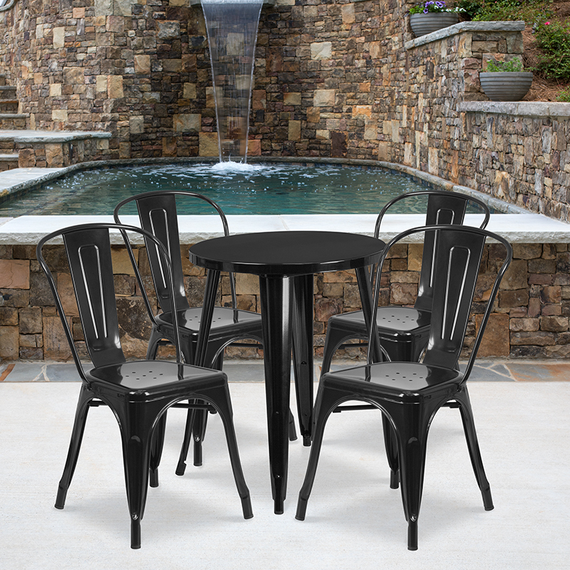 Commercial Grade 24 Round Black Metal Indoor-Outdoor Table Set With 4 Cafe Chairs