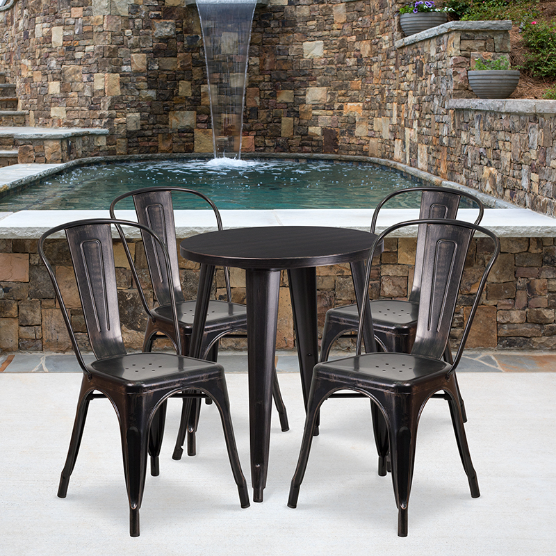 Commercial Grade 24 Round Black-Antique Gold Metal Indoor-Outdoor Table Set With 4 Cafe Chairs