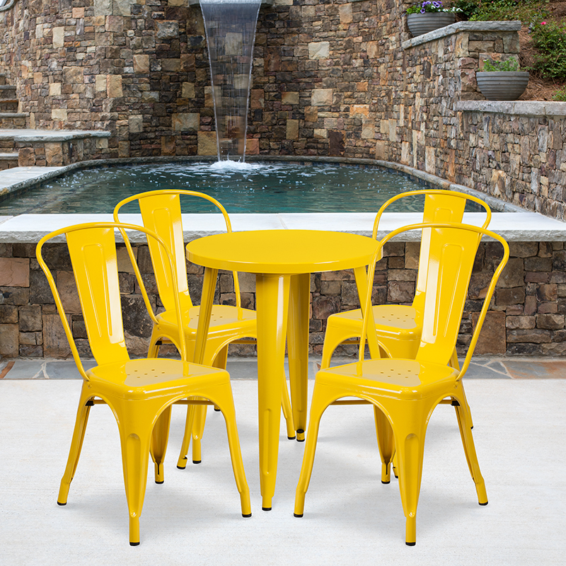 Commercial Grade 24 Round Yellow Metal Indoor-Outdoor Table Set With 4 Cafe Chairs