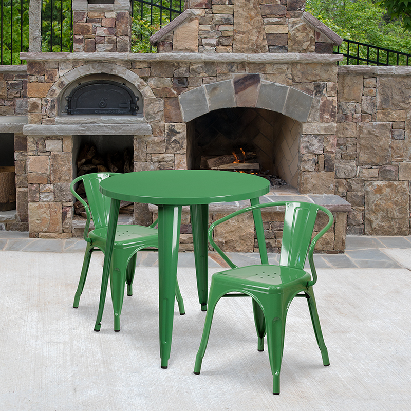 Commercial Grade 30 Round Green Metal Indoor-Outdoor Table Set With 2 Arm Chairs
