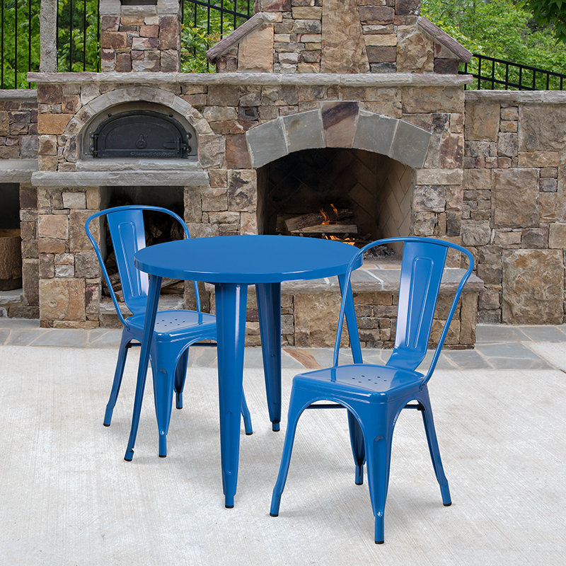 Commercial Grade 30 Round Blue Metal Indoor-Outdoor Table Set With 2 Cafe Chairs