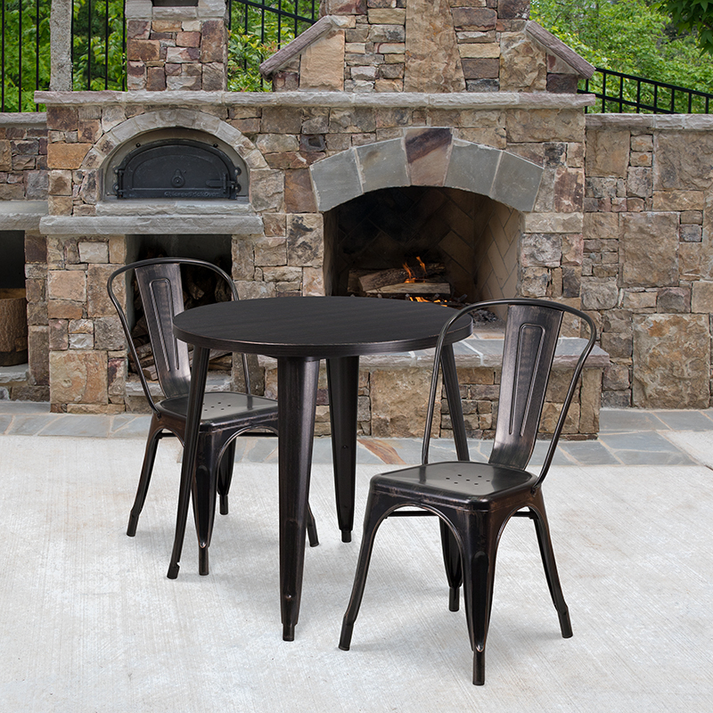 Commercial Grade 30 Round Black-Antique Gold Metal Indoor-Outdoor Table Set With 2 Cafe Chairs
