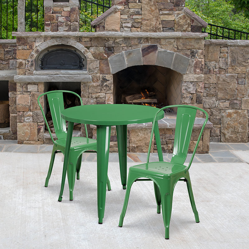 Commercial Grade 30 Round Green Metal Indoor-Outdoor Table Set With 2 Cafe Chairs
