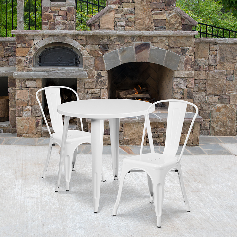 Commercial Grade 30 Round White Metal Indoor-Outdoor Table Set With 2 Cafe Chairs