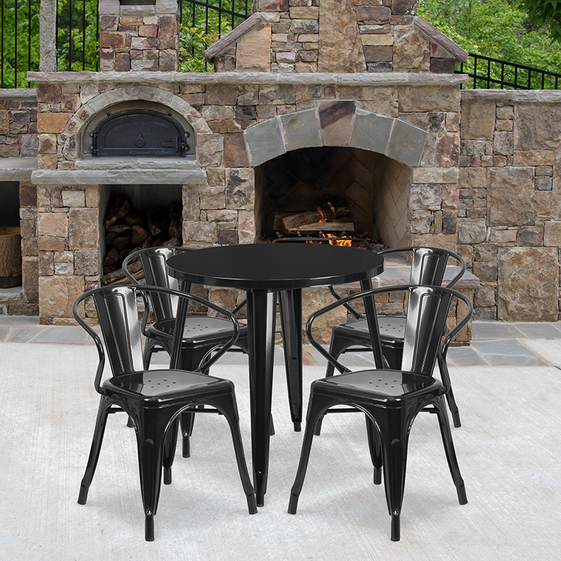 Commercial Grade 30 Round Black Metal Indoor-Outdoor Table Set With 4 Arm Chairs