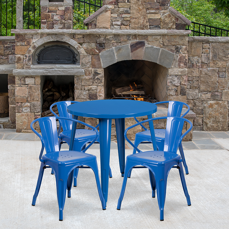 Commercial Grade 30 Round Blue Metal Indoor-Outdoor Table Set With 4 Arm Chairs