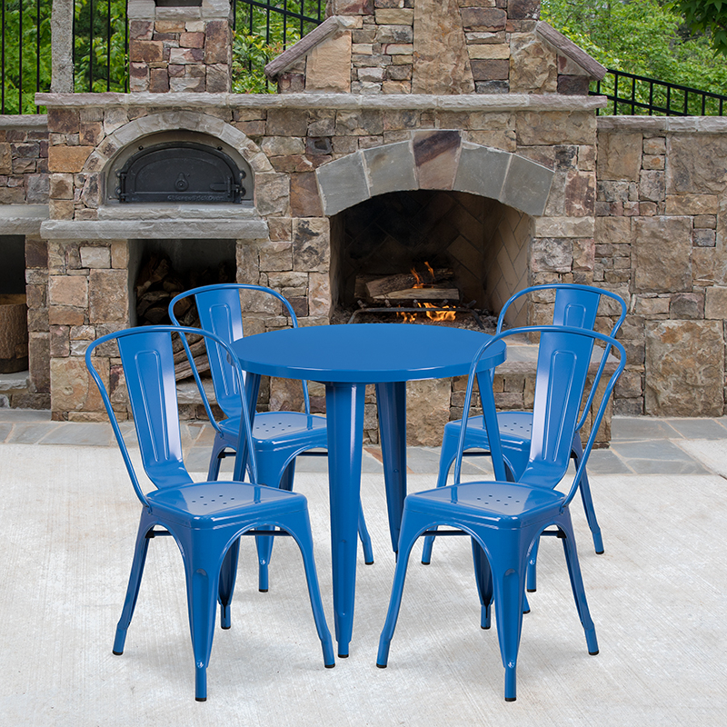 Commercial Grade 30 Round Blue Metal Indoor-Outdoor Table Set With 4 Cafe Chairs