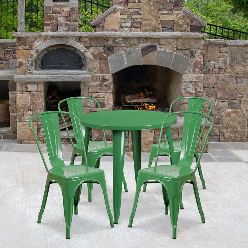 Commercial Grade 30 Round Green Metal Indoor-Outdoor Table Set With 4 Cafe Chairs