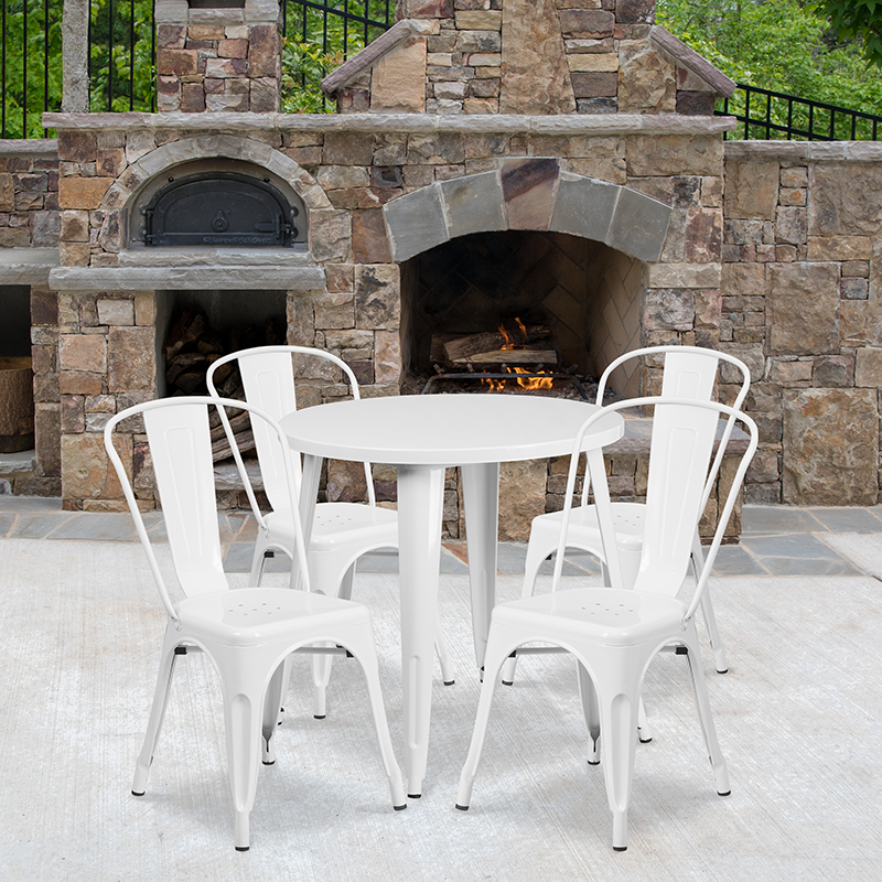Commercial Grade 30 Round White Metal Indoor-Outdoor Table Set With 4 Cafe Chairs