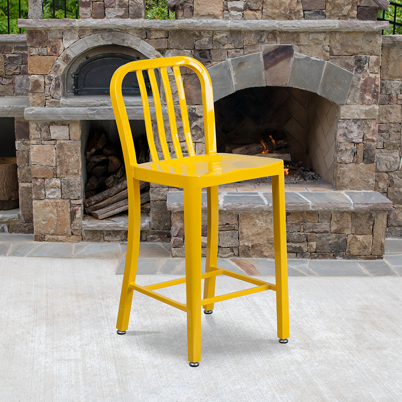 Commercial Grade 24 High Yellow Metal Indoor-Outdoor Counter Height Stool With Vertical Slat Back