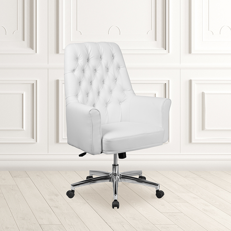 Mid-Back Traditional Tufted White LeatherSoft Executive Swivel Office Chair With Arms