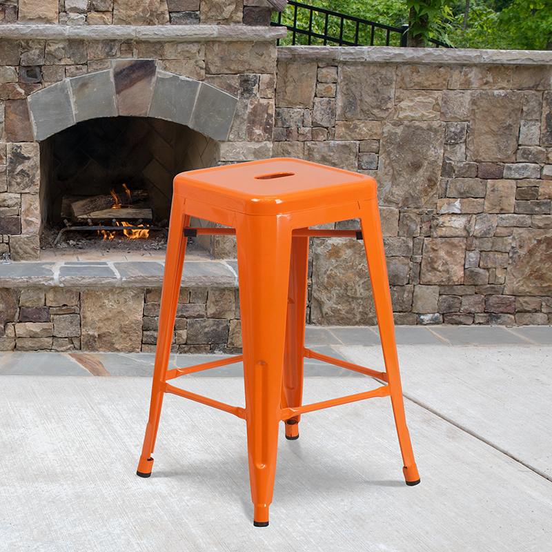 Commercial Grade 24 High Backless Orange Metal Indoor-Outdoor Counter Height Stool With Square Seat