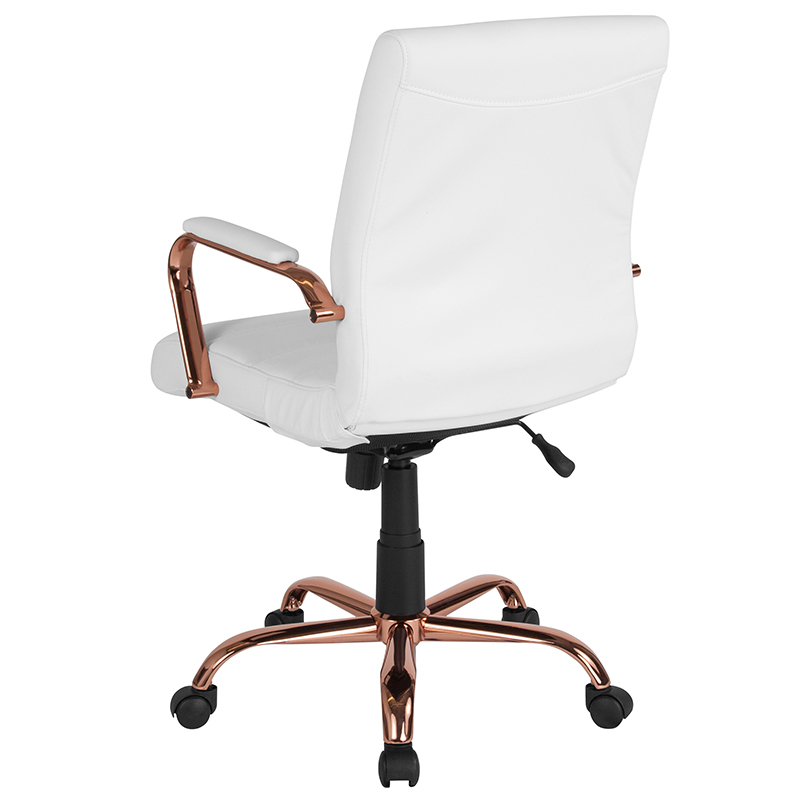 Mid-Back White LeatherSoft Executive Swivel Office Chair With Rose Gold Frame And Arms