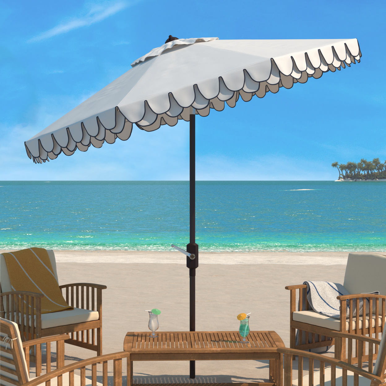SAFAVIEH Outdoor Collection Elegant Valance 9-Foot Tilt Umbrella White / Navy