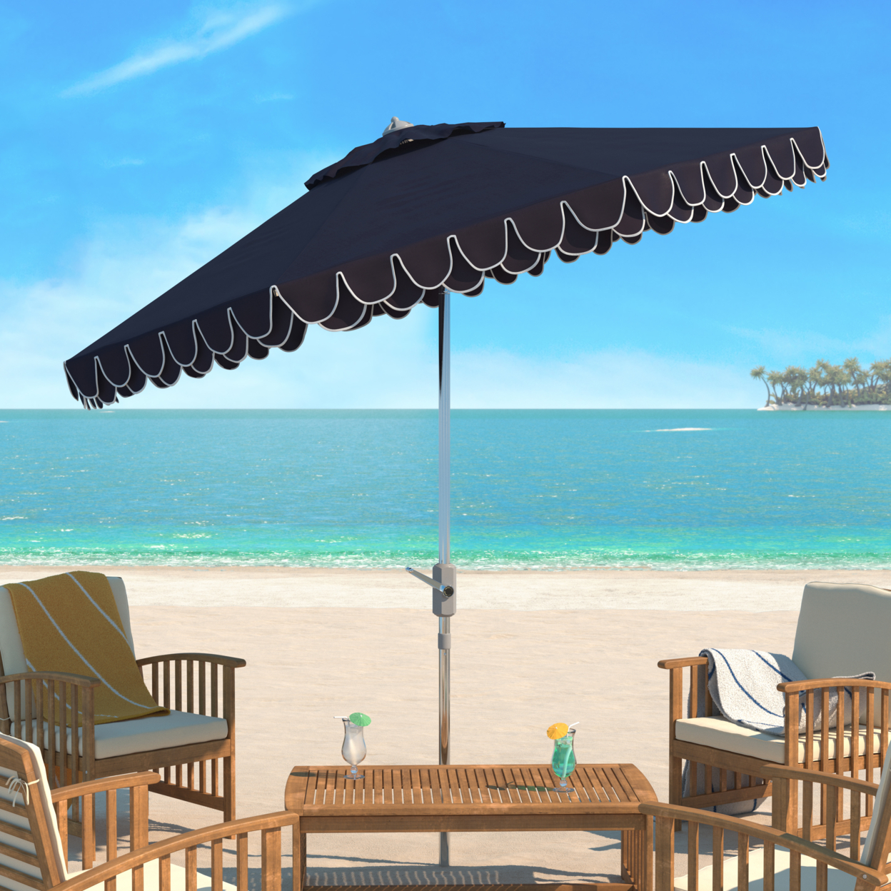 SAFAVIEH Outdoor Collection Elegant Valance 9-Foot Tilt Umbrella Navy/White