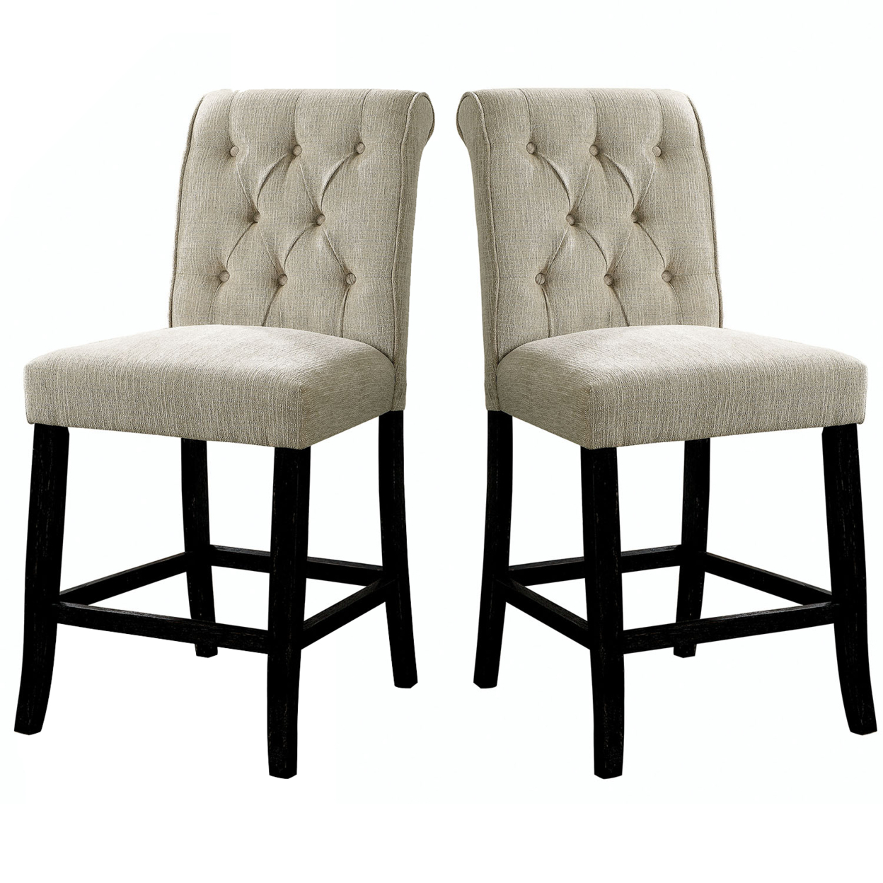 Wooden Fabric Upholstered Counter Height Chair, Ivory And Black, Pack Of Two- Saltoro Sherpi