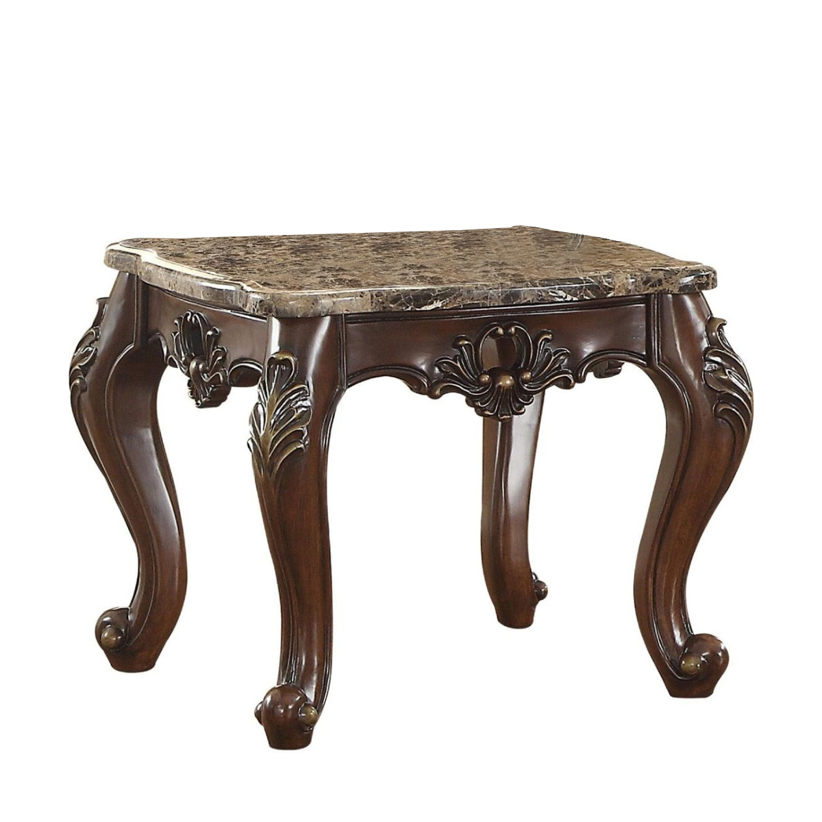 Marble Top End Table With Carved Floral Motifs Wooden Feet, Brown- Saltoro Sherpi
