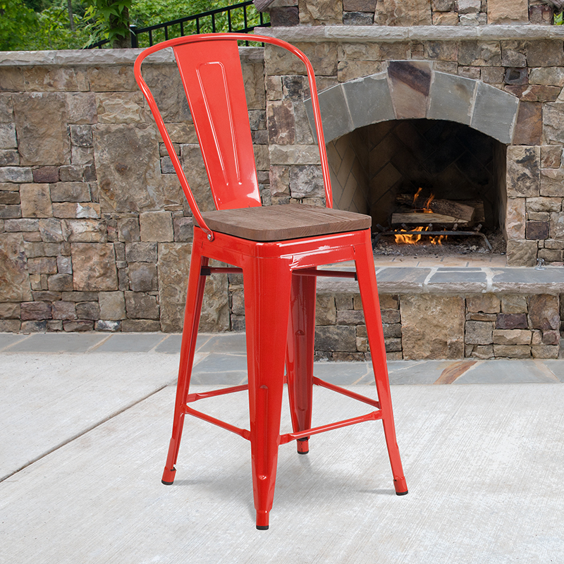 24 High Red Metal Counter Height Stool With Back And Wood Seat