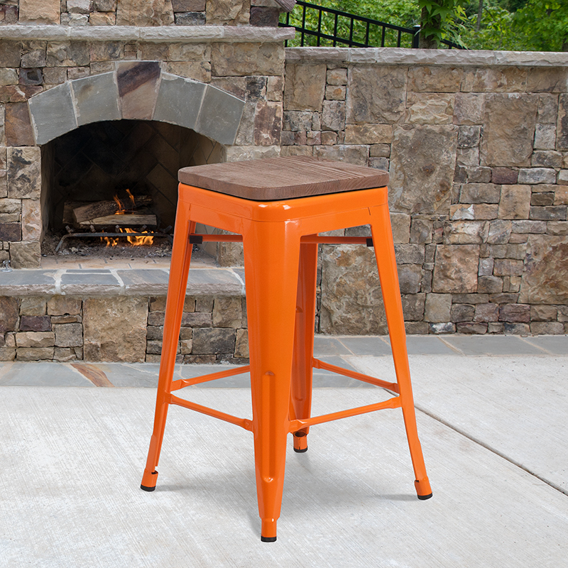 24 High Backless Orange Metal Counter Height Stool With Square Wood Seat