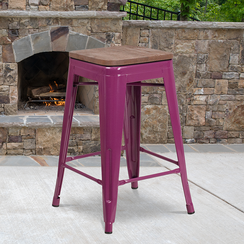 24 High Backless Purple Counter Height Stool With Square Wood Seat