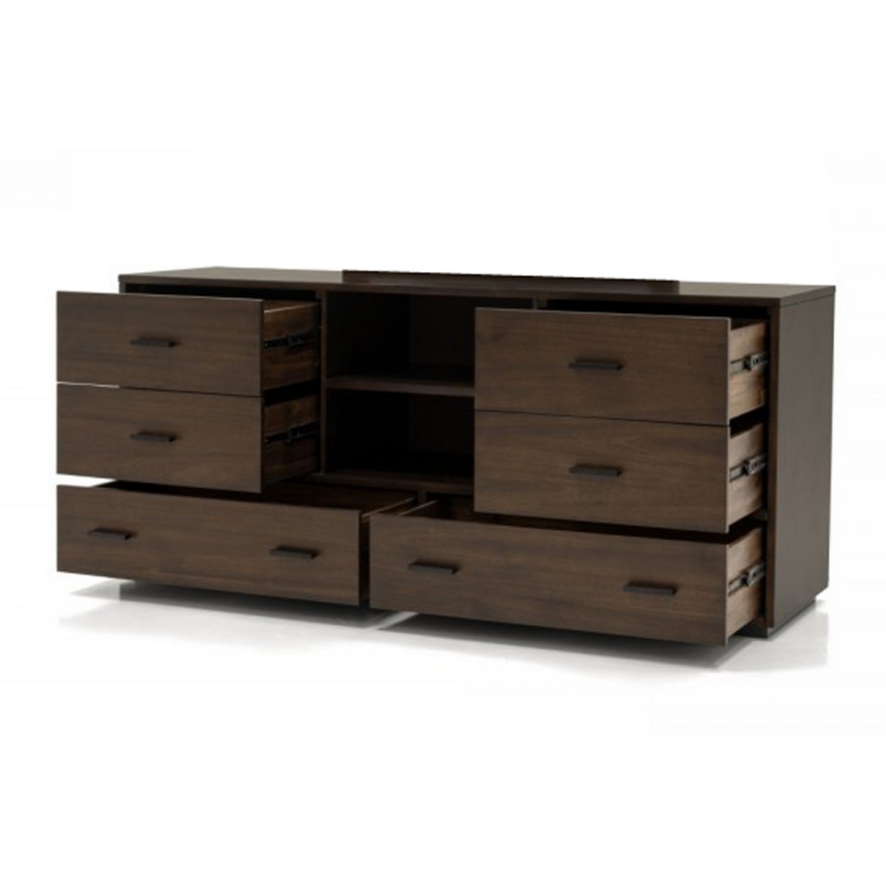 Noe 63 Inch Solid Wood Dresser, 6 Drawers, 1 Shelf, Dark Walnut- Saltoro Sherpi