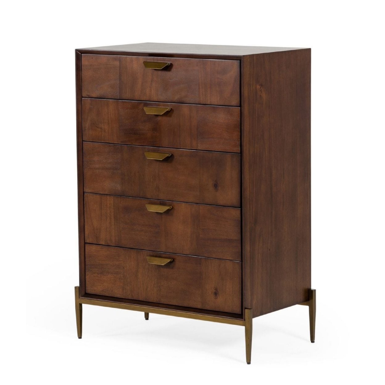 Cid 45 Inch Modern Tall Tuscany Dresser Chest, 5 Drawers, Brass, Brown- Saltoro Sherpi