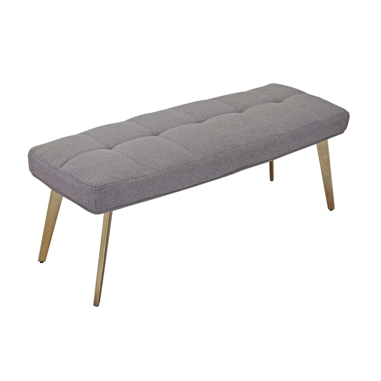 Cid 47 Inch Modern Fabric Bench, Cushion Seat, Metal Legs, Gray, Brass- Saltoro Sherpi