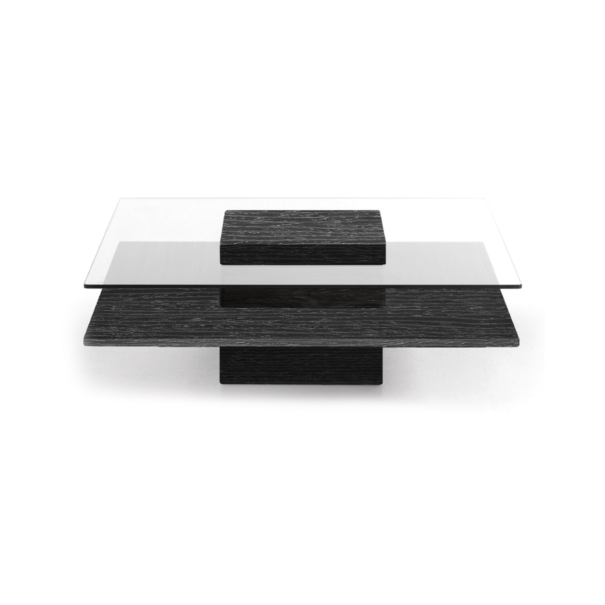 Cid 39 Inch Modern Coffee Table, Glass Top, Wood Block Pedestal Base, Black- Saltoro Sherpi