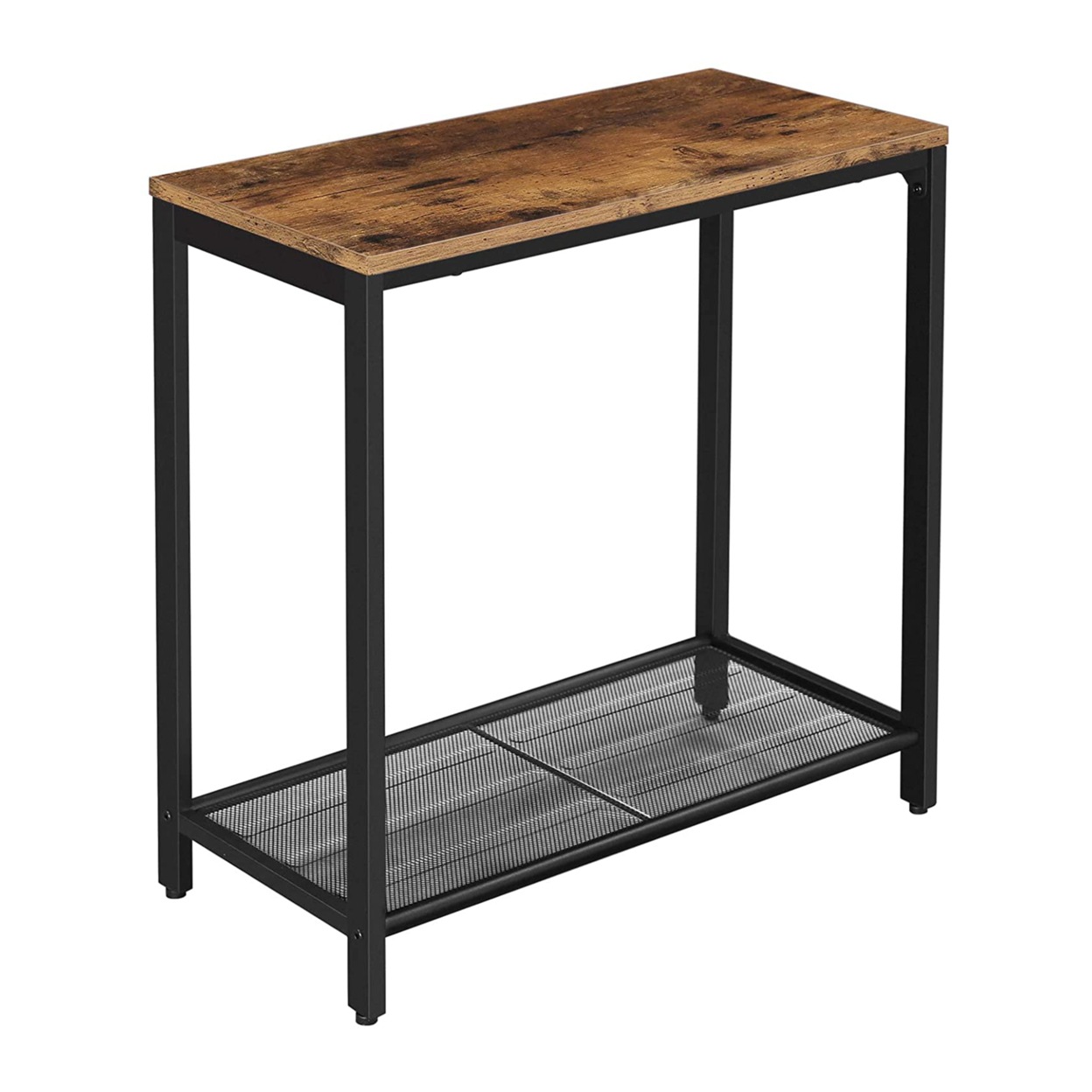 24 Inch Industrial End Table, Wood, Metal Frame, Mesh Shelf, Brown, Black- Saltoro Sherpi
