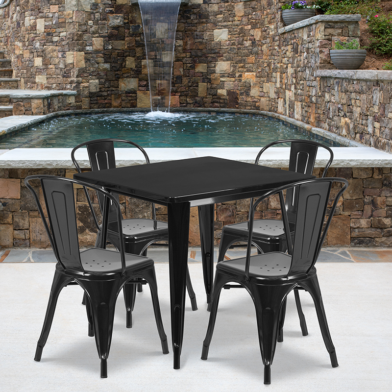Commercial Grade 31.5 Square Black Metal Indoor-Outdoor Table Set With 4 Stack Chairs