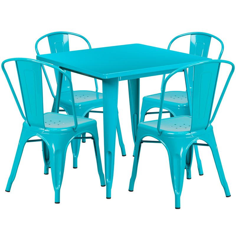 Commercial Grade 31.5 Square Crystal Teal-Blue Metal Indoor-Outdoor Table Set With 4 Stack Chairs