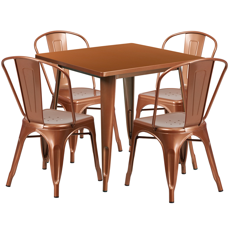 Commercial Grade 31.5 Square Copper Metal Indoor-Outdoor Table Set With 4 Stack Chairs