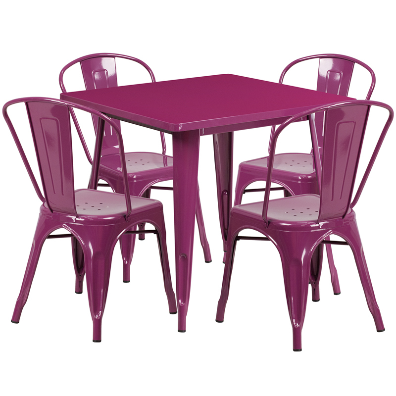 Commercial Grade 31.5 Square Purple Metal Indoor-Outdoor Table Set With 4 Stack Chairs