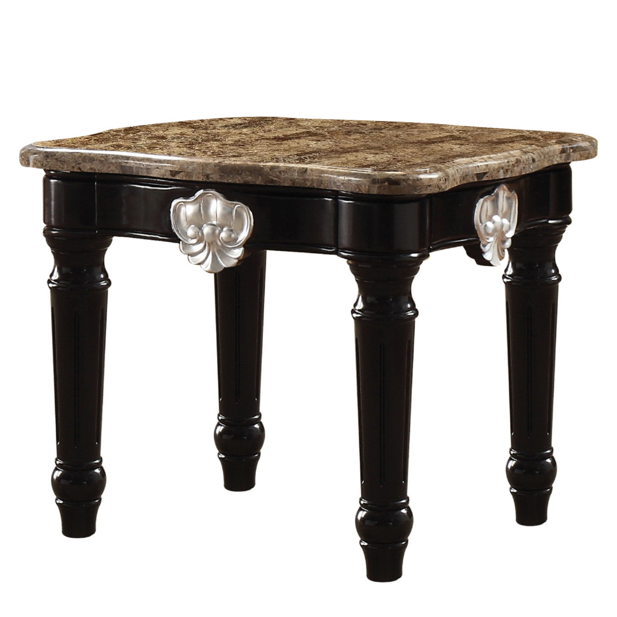 Marble Top End Table With Contrast Carved Motif Turned Wood Legs, Black- Saltoro Sherpi