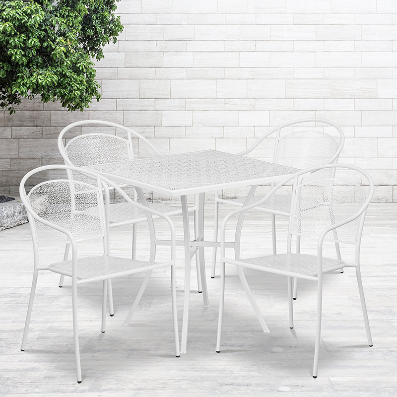 Commercial Grade 28 Square White Indoor-Outdoor Steel Patio Table Set With 4 Round Back Chairs