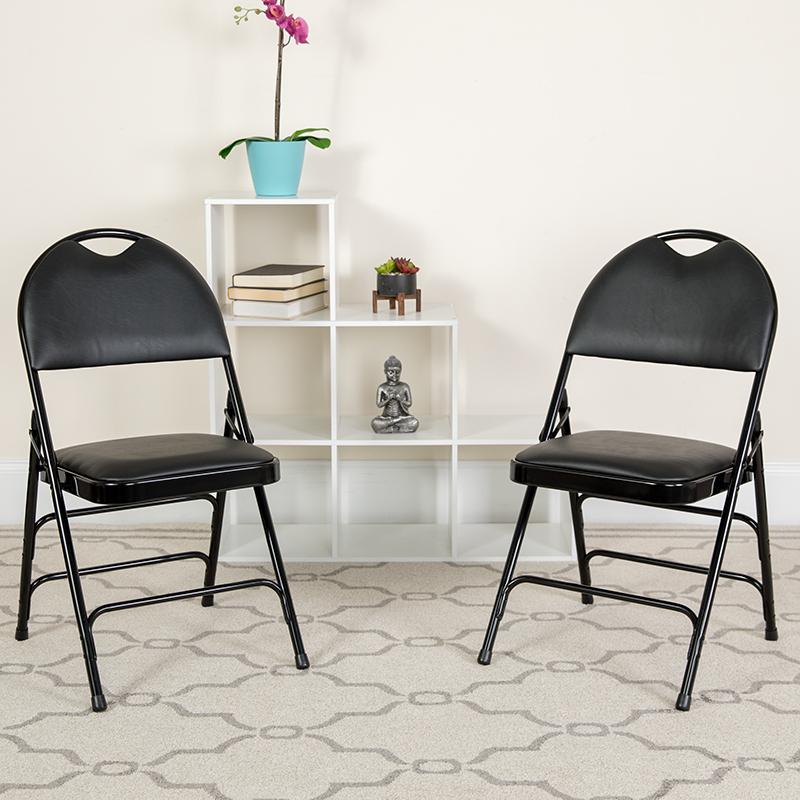 2 Pack HERCULES Series Ultra-Premium Triple Braced Black Vinyl Metal Folding Chair With Easy-Carry Handle