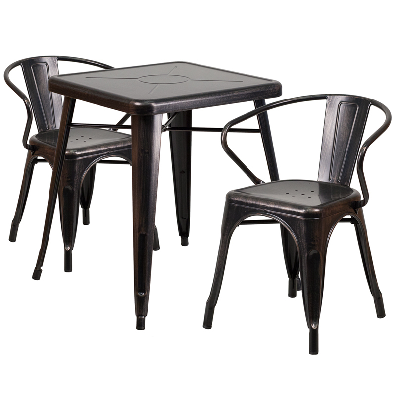 Commercial Grade 23.75 Square Black-Antique Gold Metal Indoor-Outdoor Table Set With 2 Arm Chairs