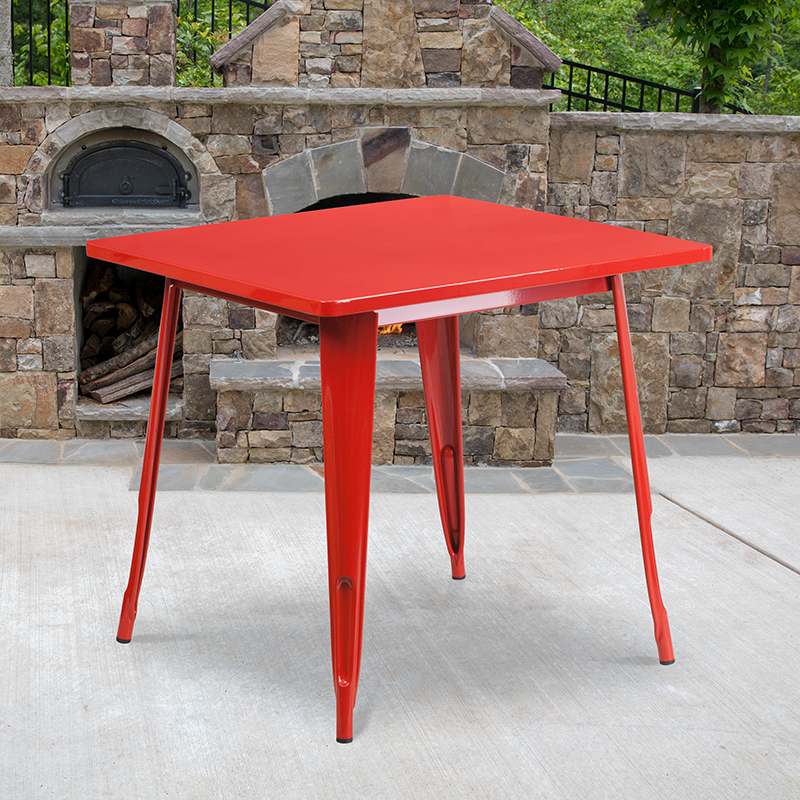 Commercial Grade 31.5 Square Red Metal Indoor-Outdoor Table