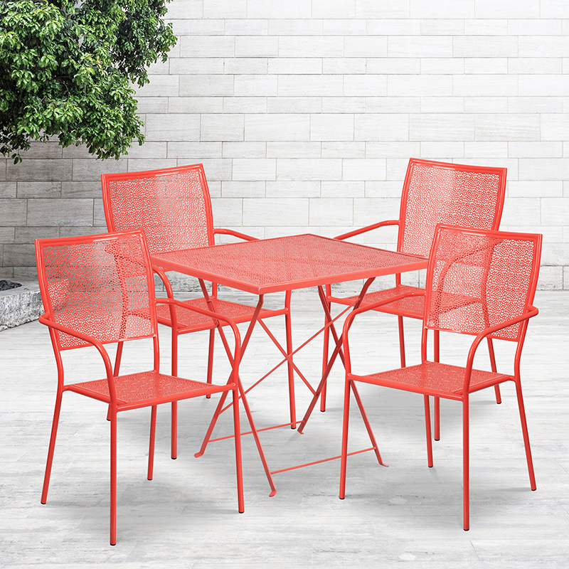 Commercial Grade 28 Square Coral Indoor-Outdoor Steel Folding Patio Table Set With 4 Square Back Chairs