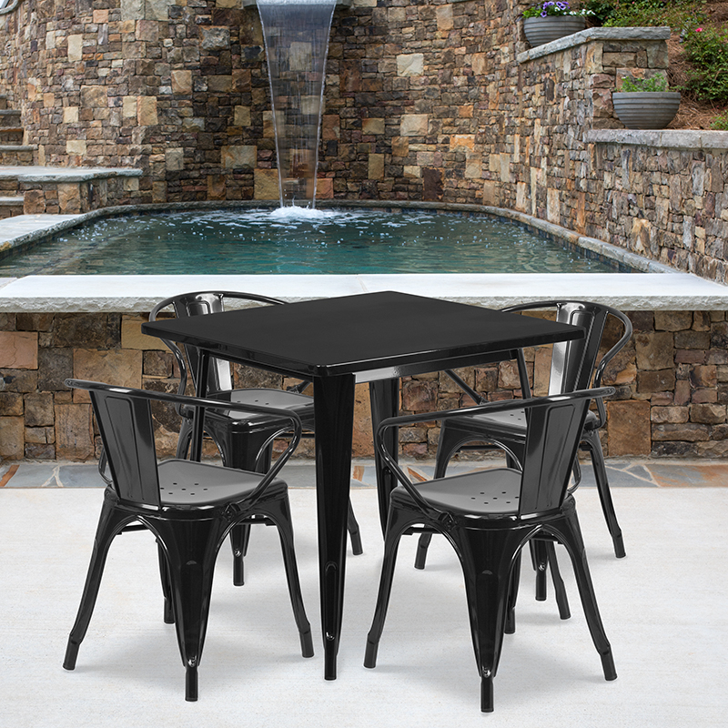 Commercial Grade 31.5 Square Black Metal Indoor-Outdoor Table Set With 4 Arm Chairs