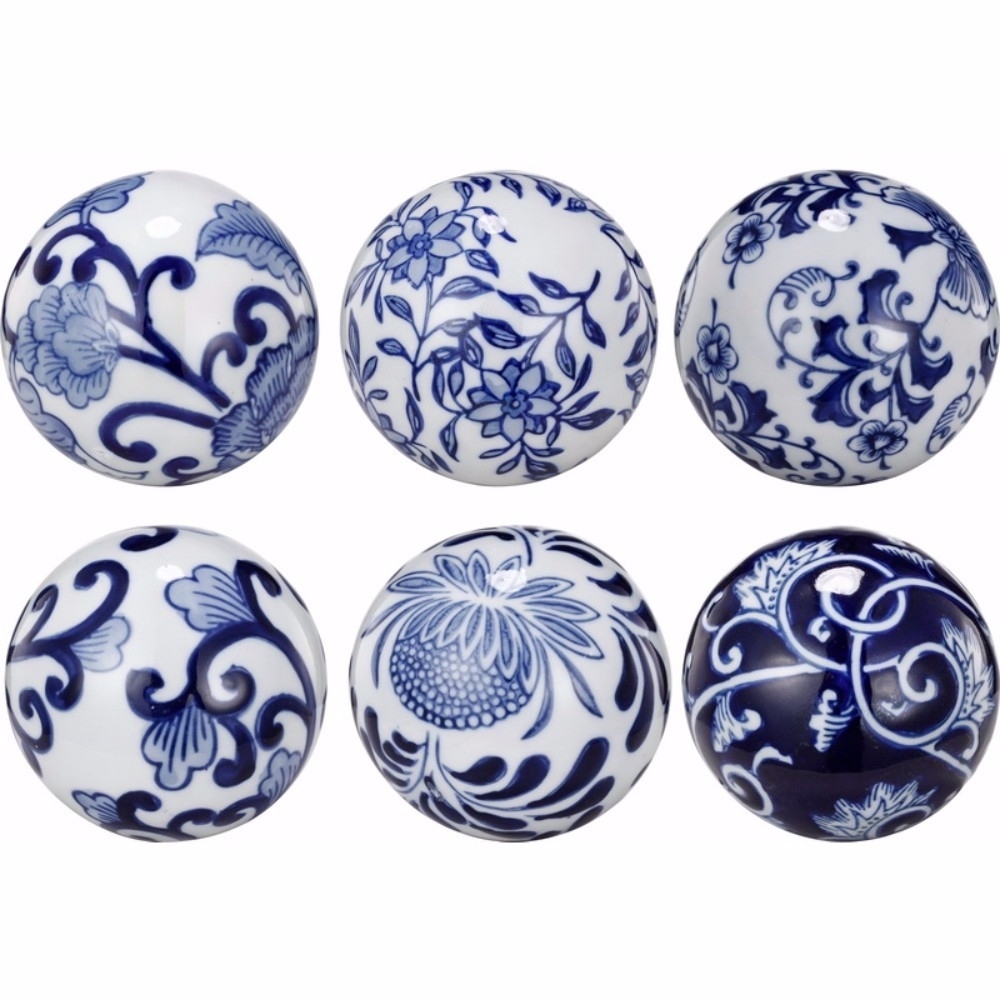 Flashy Ceramic Decorative Orbs, Blue And White, Set Of 6- Saltoro Sherpi